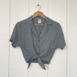 Japana Tie Front Cropped Button Up Shirt in Slate Blue